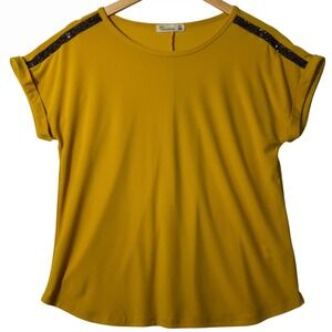Womens Mustard‎ Yellow Blouse Medium Sequin Shoulder Dressy Casual Chic Top